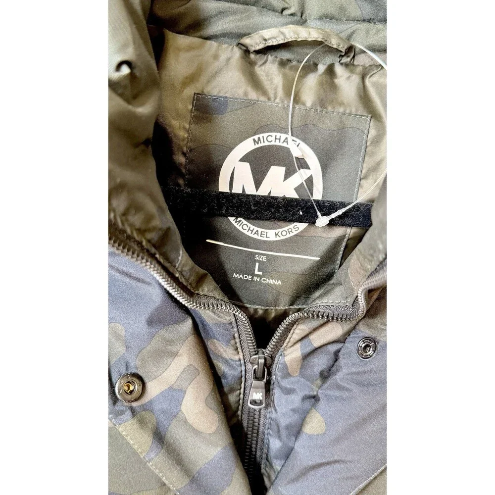 Michael Kors Camo Puffer Faux Fur Trim Hooded Coat Jacket Belted Size Large NWOT